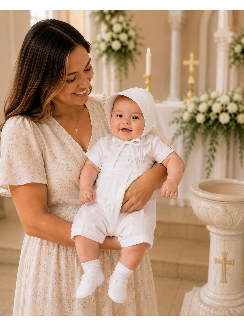 Boys Christening/Baptism Outfit with Cap Brim Bonnet -Poly/Cotton - Size 24M NEW
